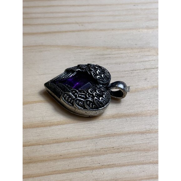 Gothic Silver Heart Pendant With Purple Gemstone & Wing Detail - Picture 2 of 4